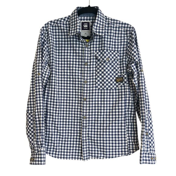 G-Star RAW Blue & White Gingham Button-Down Shirt Men’s Sz L Cotton Long Sleeve - Picture 2 of 9